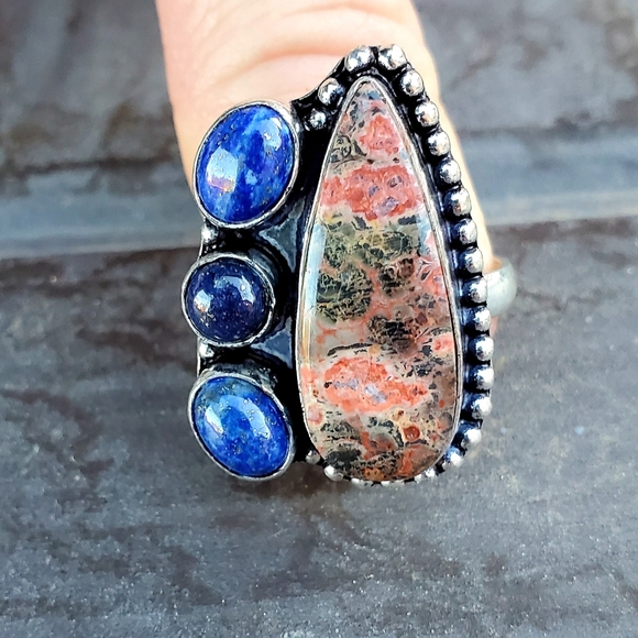 New Leopard Skin Jasper & Lapis Lazuli 925 Silver Ring. - Picture 3 of 14